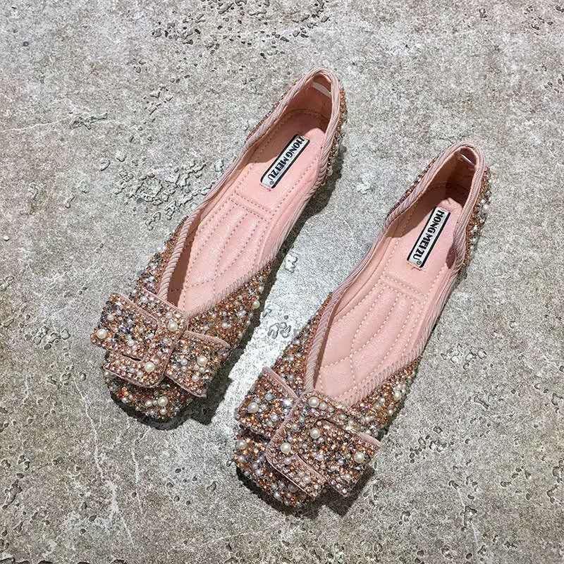 Мода 2024 года, новые женские балетки, удобные, с кристаллами и бриллиантами, с бантом, с пайетками, одинарные туфли со стразами и блестками, с квадратным носком