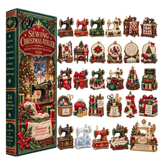 Christmas Countdown Box Sewing Workshop Advent Calendar, 24-Day with Miniature Craft Hobbyist Gift Acrylic Ornaments for Holiday Desktop Decoration