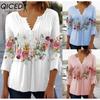 Весенне-летняя мода Женская одежда Цветочный принт V-образный вырез Короткий рукав Плиссированная Пуговичная футболка Базовый слой