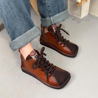 Короткие ботинки из натуральной кожи с квадратным носком в стиле ретро, на шнуровке, с плоской подошвой, женские туфли