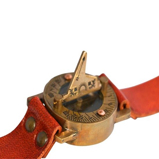 Steampunk Brass Sundial Compass Wristwatch Leather Strap Timepiece