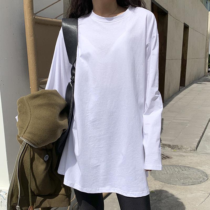 Осень 2025 г. Женская корейская однотонная футболка с длинными рукавами и разрезом - модный западный стиль