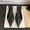 Сексуальные босоножки на среднем каблуке с острым носком Женская обувь Слингбэк Летний тренд 2025 Платье Кожаные туфли-лодочки Новые Элегантные Вечерние Sandalias Mujer