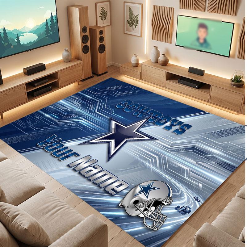 Dallas Cowboys Personalized Crystal Velvet Carpet, Customized Name Text Soft Anti‑Slip Rug for Living Room Bedroom