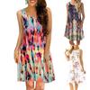 Women Fashion Sleeveless O-neck Print Casual Loose  Dress Summer Party Dress