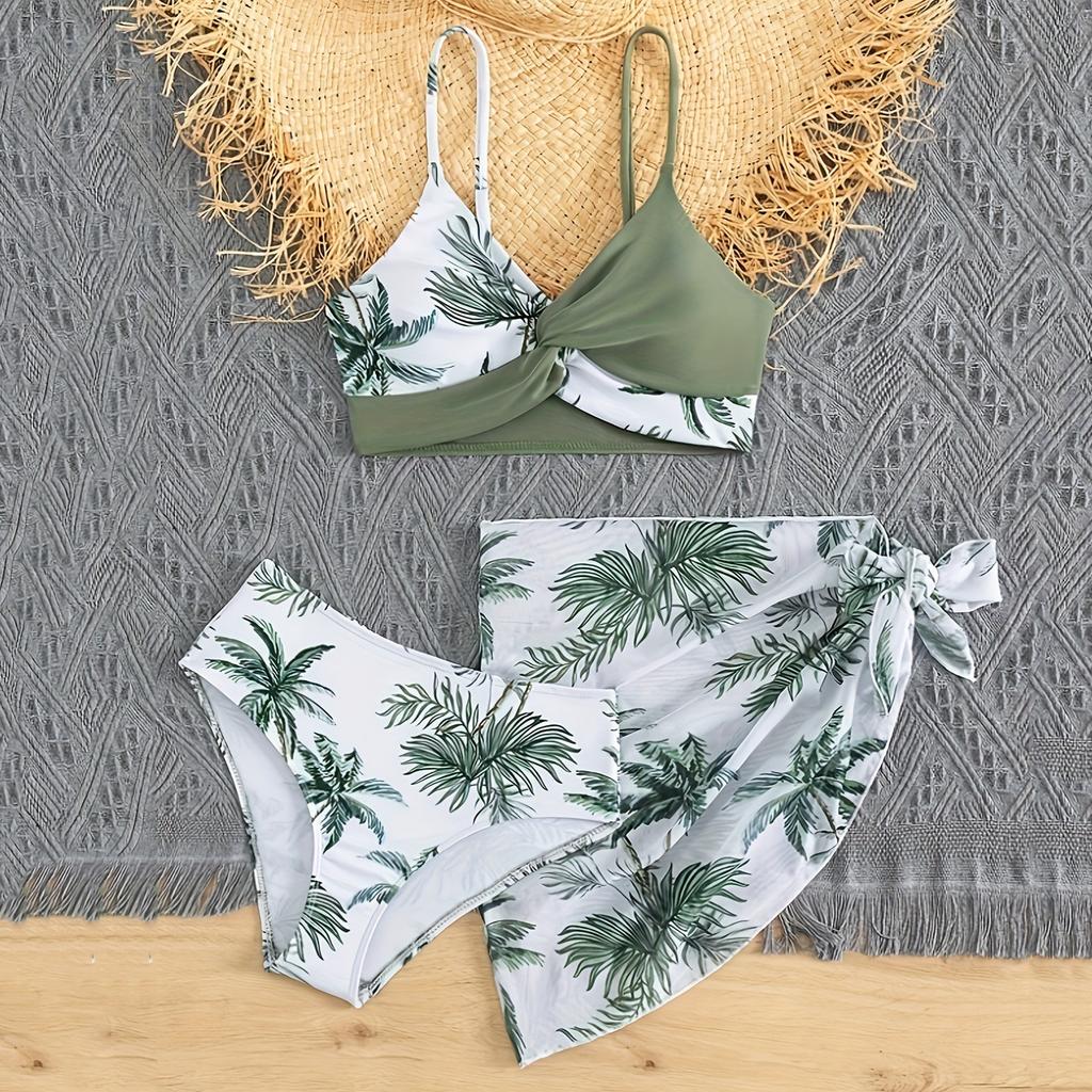 Комплект из 3 купальников для девочек: топ бикини с плавками и юбкой, детские цветы, регулируемые бретели, бюстье, летний, красивый, быстросохнущий, милый