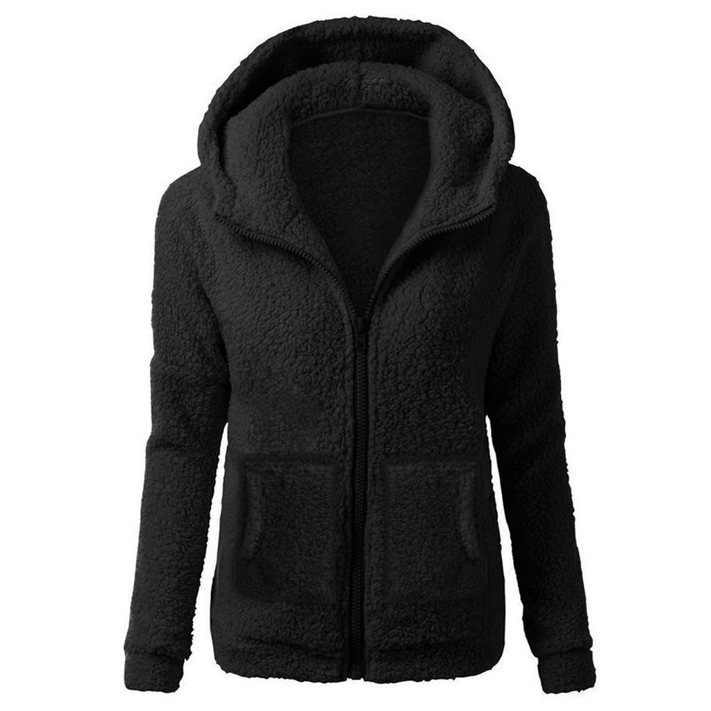 Women's Fashion Solid Colour Sweatshirt Loose Hooded Plush Zip Up Jacket Top