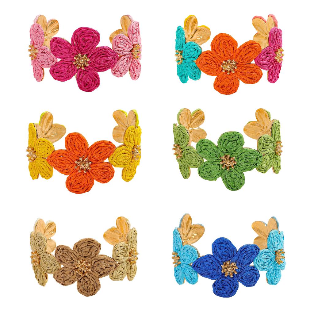 Браслет ручной работы из рафии и сплава с цветочным узором, легкий, в богемном стиле, элегантный аксессуар для запястья на каждый день