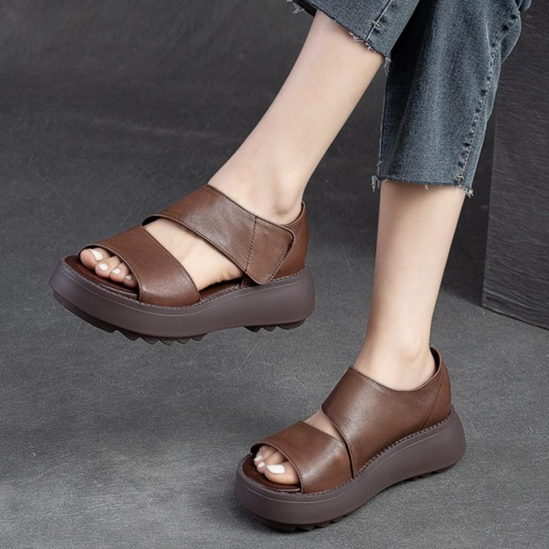 Women Sandals Thick Sole Peep Toe Platform Shoes Genuine Leather Vintage Comfortable Sandals