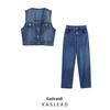 2025 Spring Women's European & American Fashion Short Denim Vest and Long Pants Set