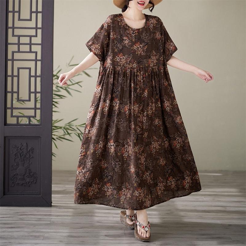 Короткий рукав Плюс размер Хлопок винтажный цветочный новый в платьях для женщин повседневный свободный Макси длинное летнее платье