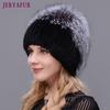 Fashion Real Mink Fur Hat Women High Quality Silver Fox Fur Winter Hats Lady Thick Warm Knitted Caps Patchwork Cap