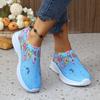 Spring Summer Flower Prints Yellow Blue Pink Knitted Flats Women Plus Size Shiny Crystal Breathable Mesh Loafers Woman Autumn Slip Walking Shoes