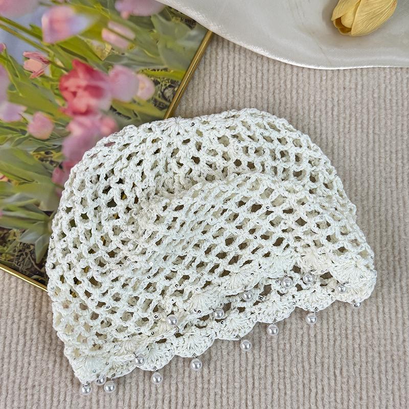 Hollowed Out Woven Pullover Hats Crochet Breathable Beret Cap Pearl Fringed Retro Beanies Cap for Women Summer Korean