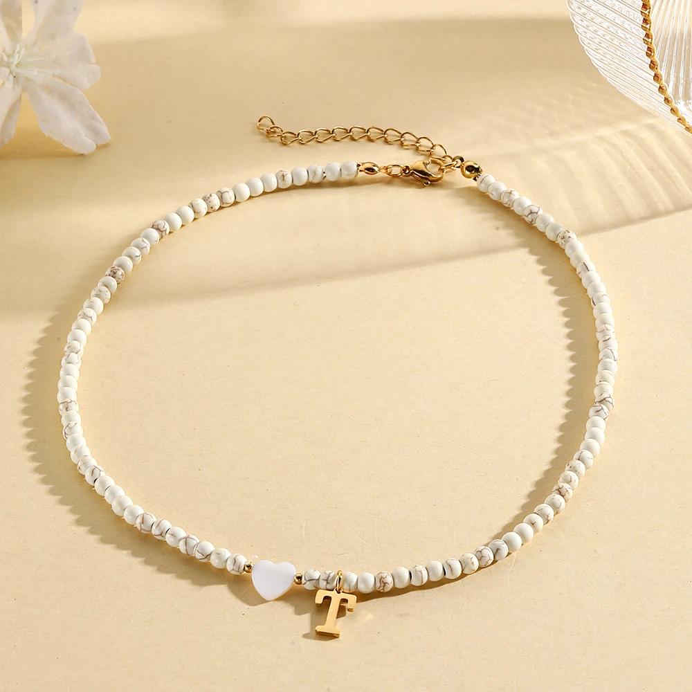 Bohemian Choker Neck Initial Necklaces Heart-shaped Shell Letter Pendant Beads Women's Stainless Steel Necklace Woman Trend2025