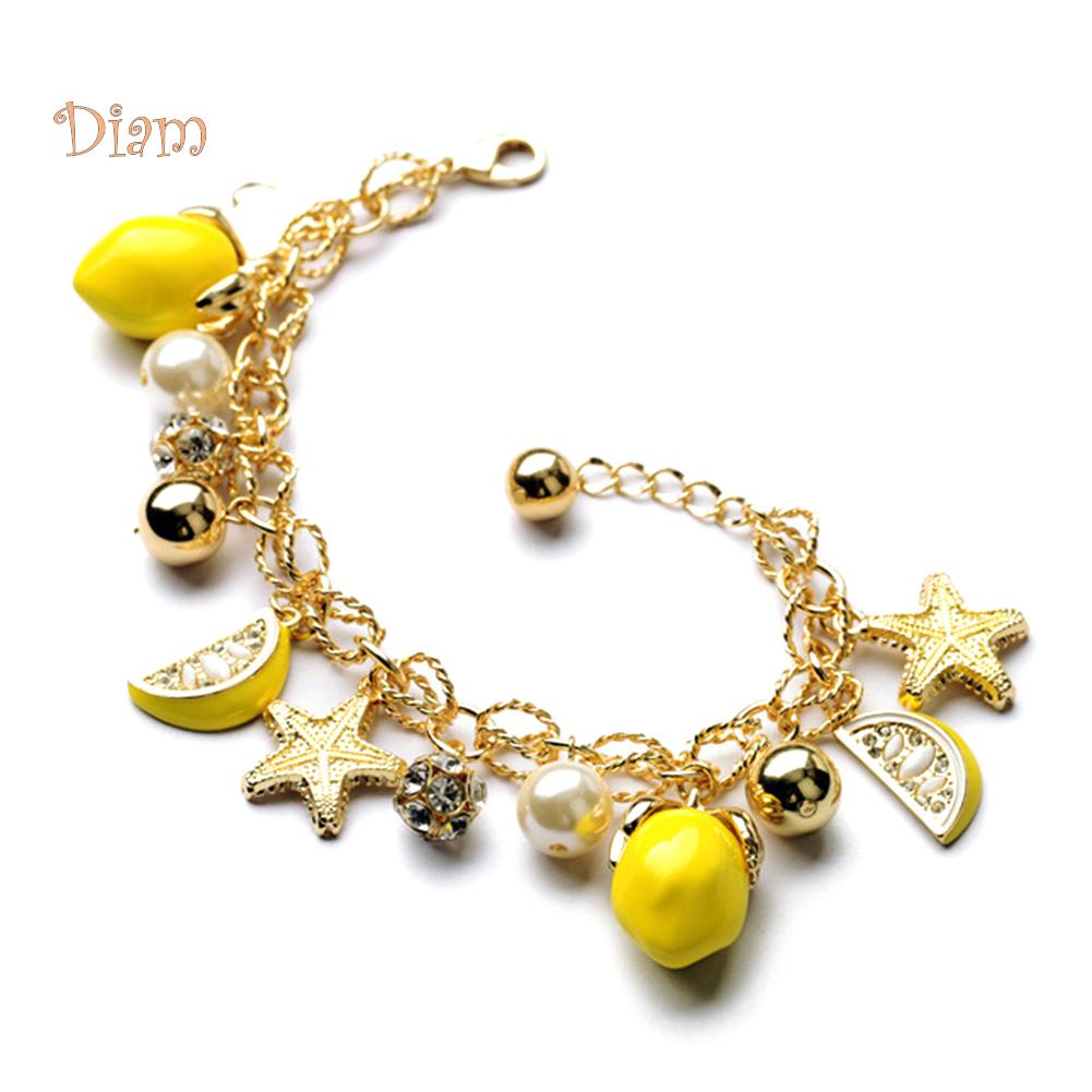 Diamonding Jewelry Creative Summer Beach Women Faux Pearl Starfish Lemon Charm Bracelet Bangle