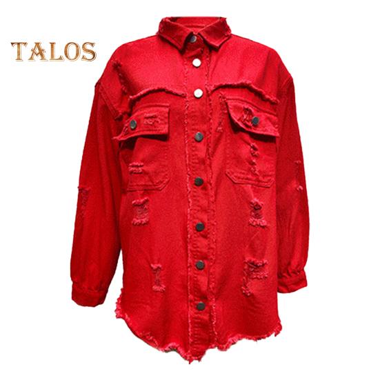 Женская джинсовая куртка в стиле ретро, однобортная, с рваными отверстиями, отложным воротником, длинными рукавами, однотонными карманами с клапанами, женское пальто для поездок на работу и шопинга