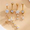 5PCS Belly Button Rings Women 14G Dangle Navel Piercing Jewelry Set Stainless Steel Zircon Butterfly Teardrop Flower Gold/Silver