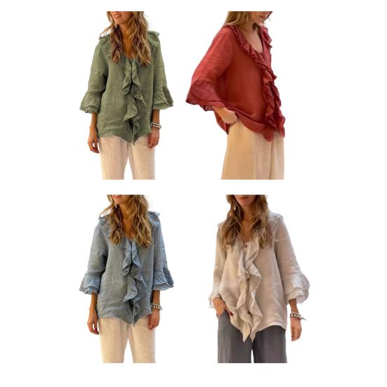 Women Shirt V-Neck 45355 Flying Sleeve Ruffle Stitching Design Solid Color Pullover Tops Loose Fit Casual