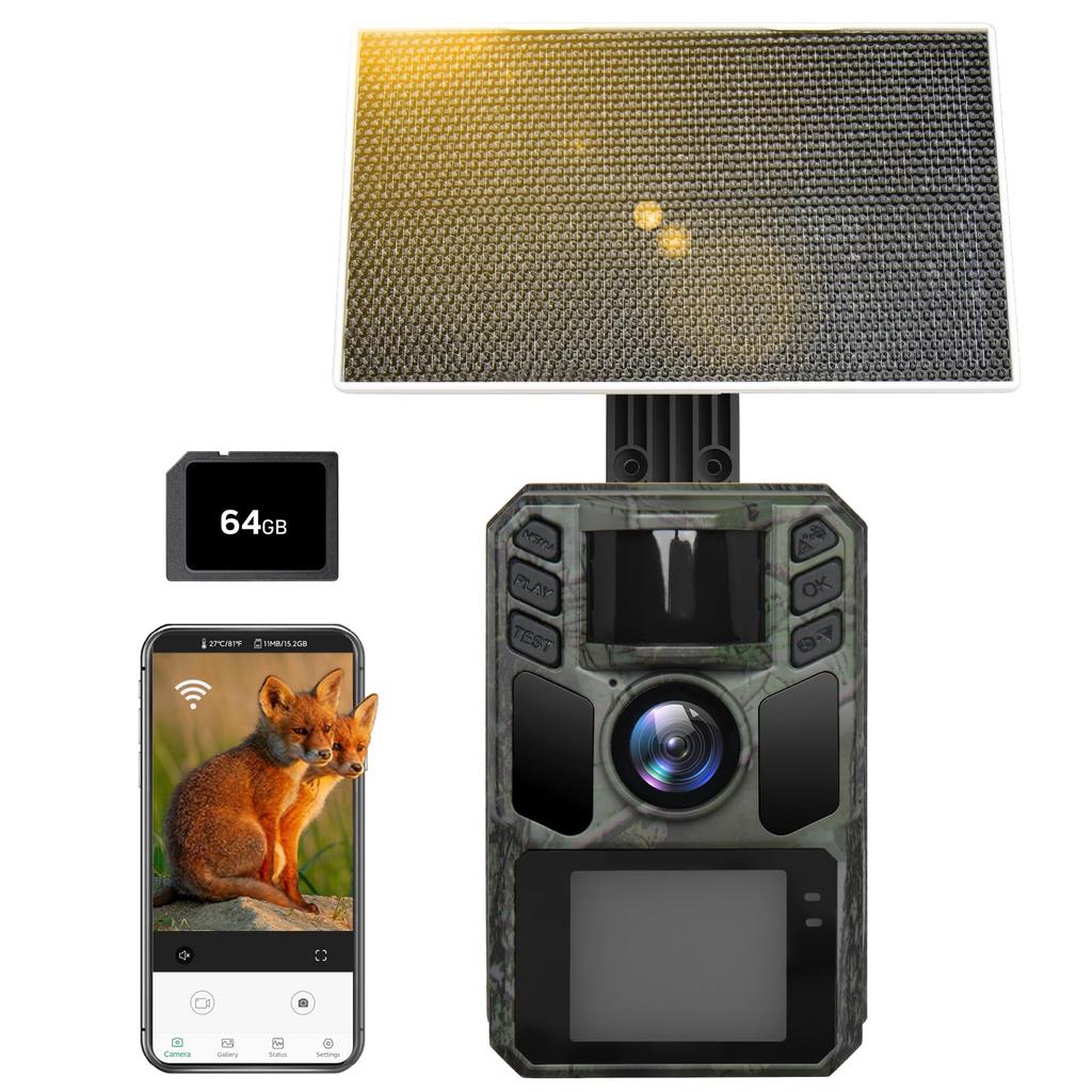 FKPCAM 2025 Newest Trail Solar Infrared Compatible with Wildlife Surveillance Security Surveillance Seconds Trigger 64MP 4K 1 Solar Panel 2