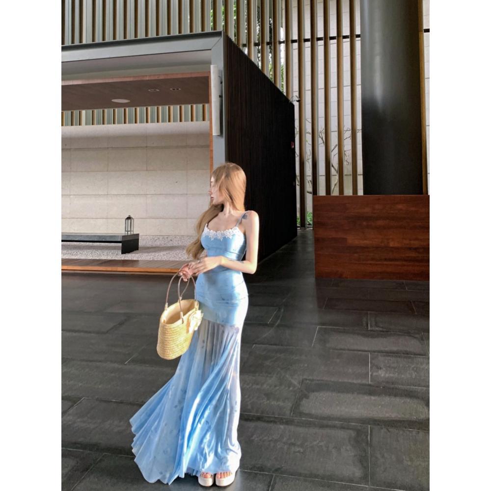 Курортная синяя пляжная юбка, летнее сетчатое платье-майка, нежный темперамент, подчеркивает фигуру, талию и бедра