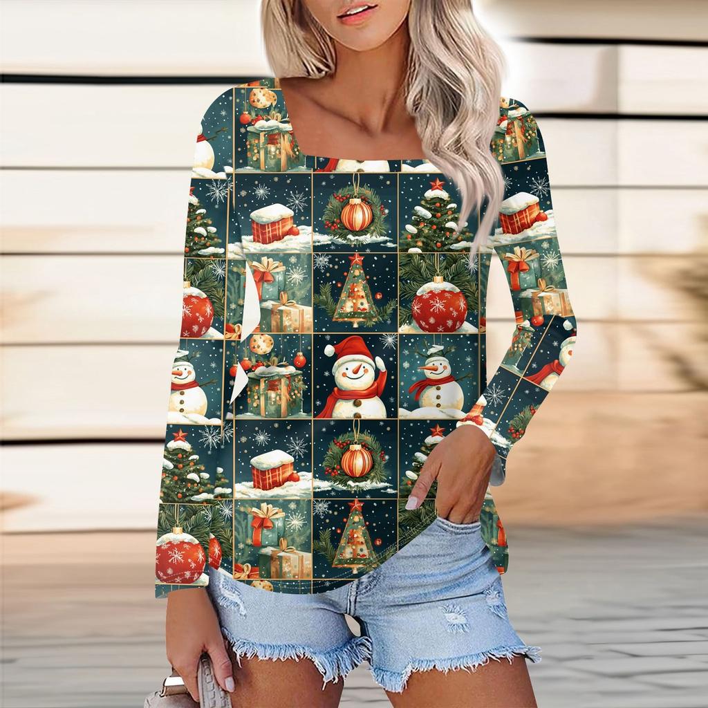 Женская модная повседневная футболка с длинным рукавом и принтом елки и снежинки