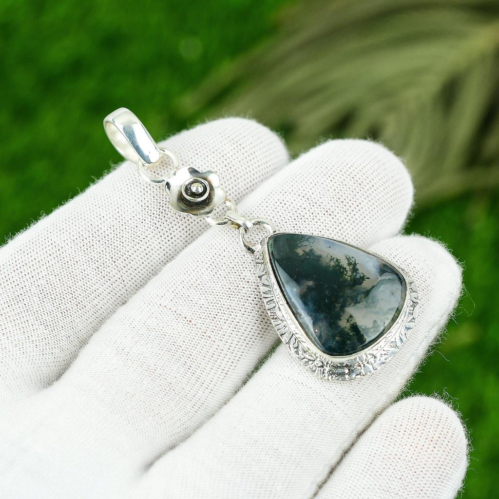 Natural Solar Moss Agate Gemstone Pendant 925 Sterling Silver Jewelry For Women