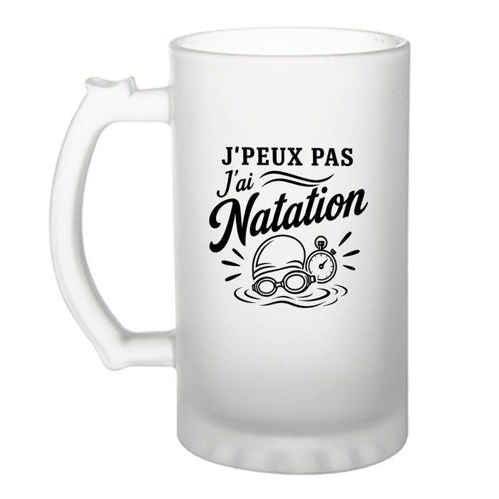 Chope à bière - PLANETEE - J'peux pas j'ai Natation (minimaliste) - Verre trempé givré - 470 ml - Imprimée en Bretagne