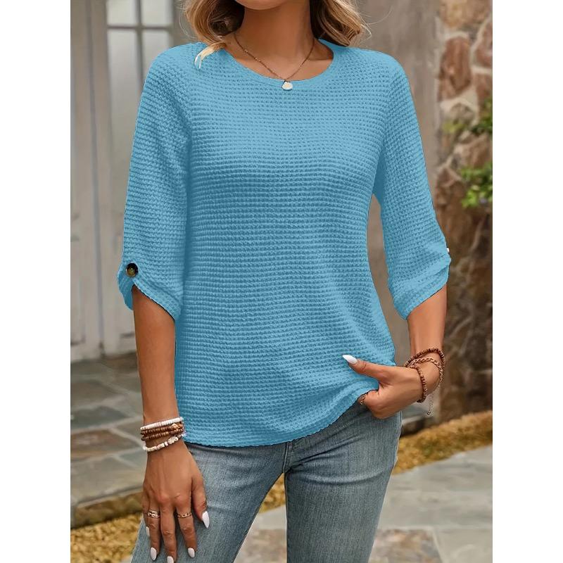 VEZFAA Женские модные повседневные летние весенние однотонные блузки и рубашки с круглым вырезом и рукавами 1/2 с принтом