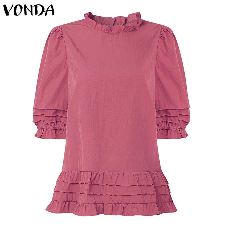 VONDA Женская повседневная блузка с оборками, круглым вырезом, летняя, с короткими рукавами-буфами, плиссированная
