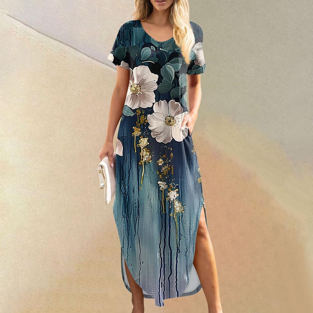 Women Summer Casual Loose  V Neck Short Sleeve Beach Maxi Long Dresses Trendy Outfits