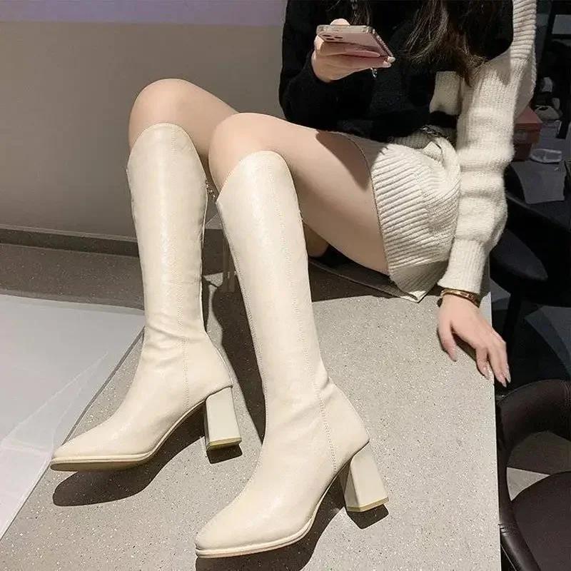 Square Toe Ladies Knee High Shaft Shoes New In Large Size Warm Women's Long Boots 2024 Winter Novelty Boot On Promotion Trend Pu
