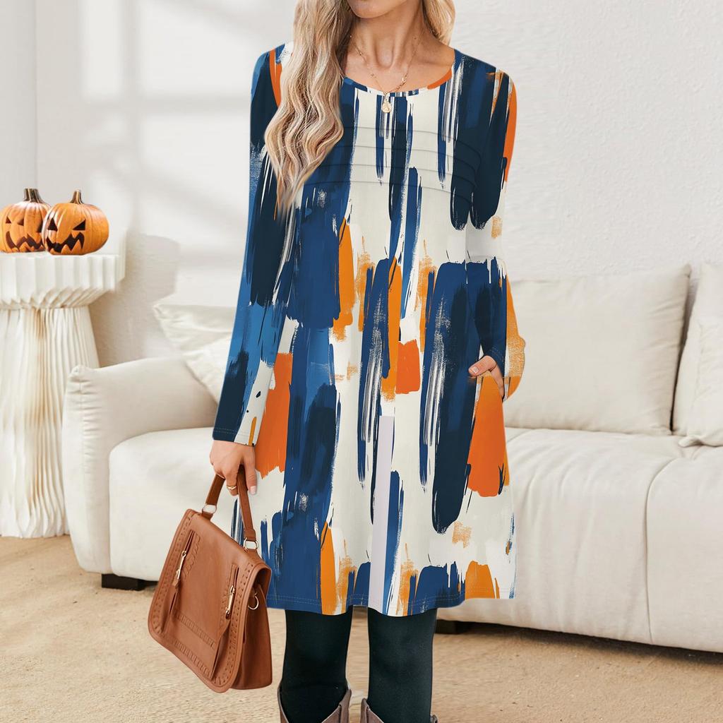 Женские повседневные модные платья с длинным рукавом, с графическим принтом, винтажные, с карманами