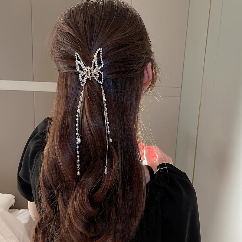 5.5cm Rhinestone Hollow Butterfly Pearl Tassel Hair Grab
