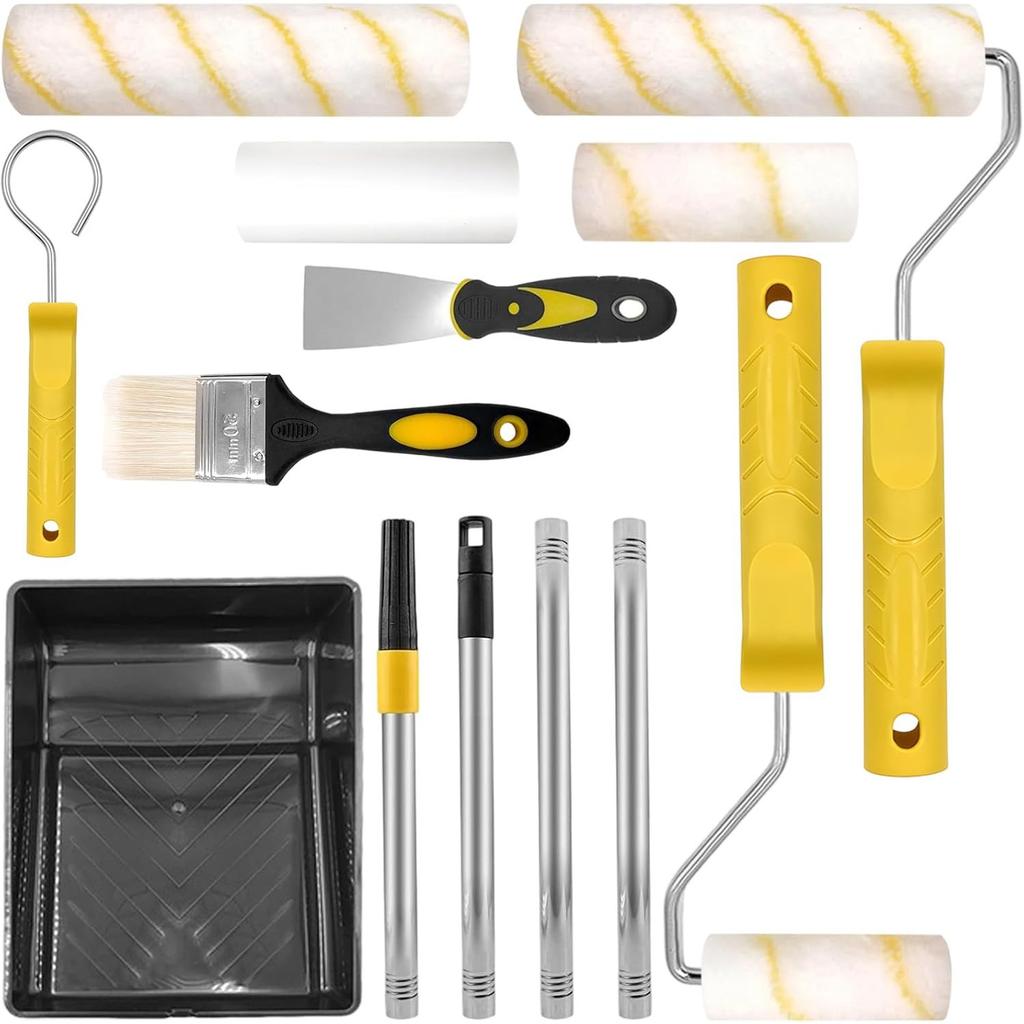 12Pcs Easy Coater Paint Roller Brush Set with Extension Pole & Traypaint, 4/9 inch Painting Rollers & Trays Sets Kit for Walls Ceilings Doors