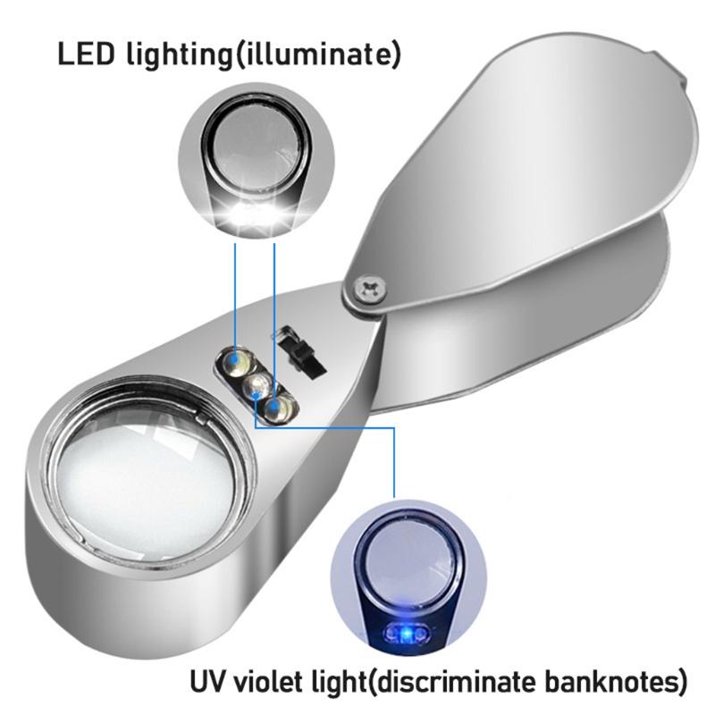 Jeweller Loupe Folding Magnifying Jewelry Eye Magnifier With LED Light Illuminated LED Currency Detecting/Jewlers 40X