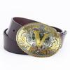 Male Punk Rock Whole Cowhide Belt Round Board Buckle Smooth Buckle Vintage Western Style Belt
