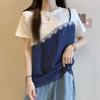 Летняя стильная футболка с color blocking и вставками, имитирующая двойку, для женской одежды. Стройнящая и универсальная.