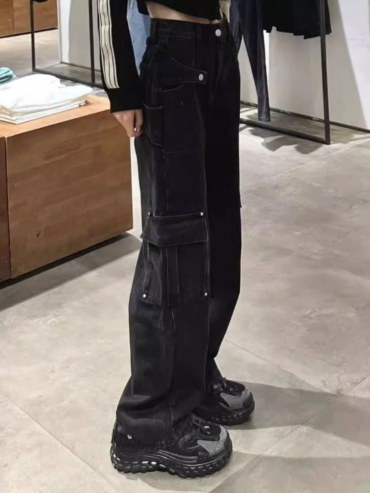 Американские винтажные уличные джинсы с несколькими карманами Женская мода с высокой талией Прямые свободные брюки-карго Женские Y2k Корейские повседневные широкие брюки
