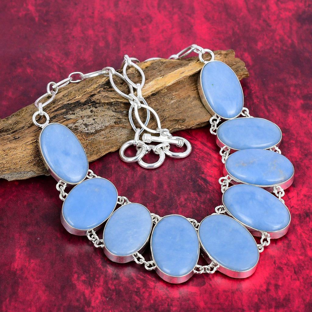 Комплект ювелирных изделий из стерлингового серебра 925 пробы Angelite, комплект ожерелья и браслета ручной работы для нее, красивые украшения из драгоценных камней для свадебного подарка