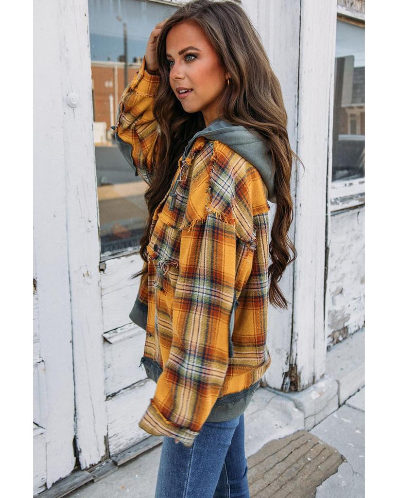 Azura Exchange Plaid Patch Hooded Frayed Snap Button Jacket