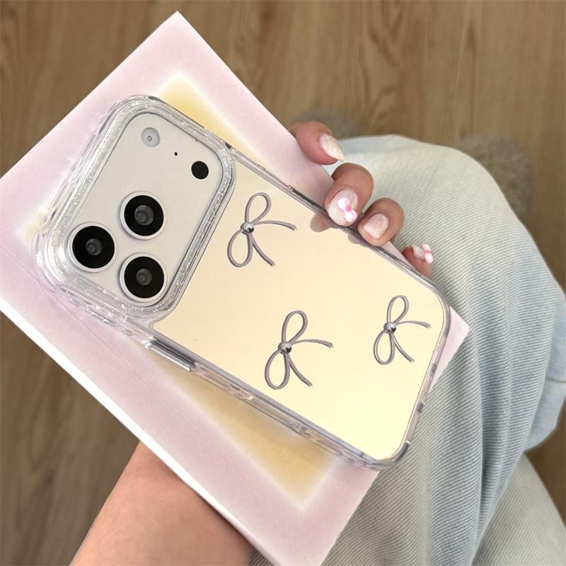 Минималистичный Чехол для Телефона с Зеркалом и Бантом для iPhone 17 Pro 16 15 14 Pro Max с Блестками Ударопрочный 17pro Защитный Чехол