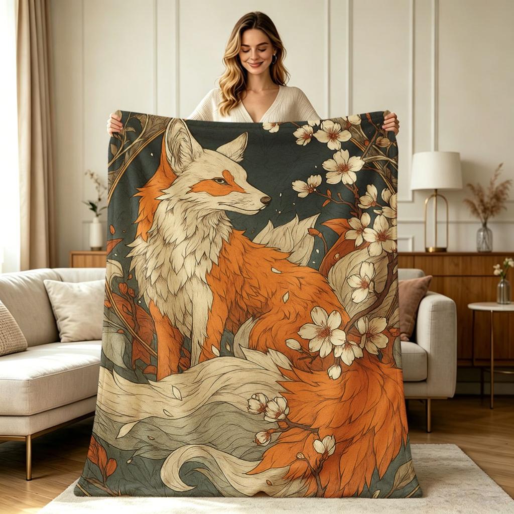 for all Season Flannel Blanket with Vintage Fox And Cherry Blossom Art Print Soft Warm Cozy Lightweight Throw Blanket for Sofa Couch Bed Office Living