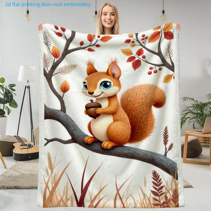 1pc Autumn Cartoon Squirrel Print Blanket, Maple Nut Theme, Multi-Size Available, Autumn Thanksgiving Christmas Nap Blanket, Suitable for Living Room