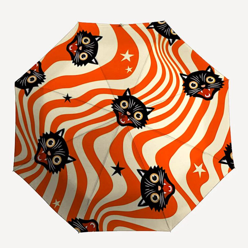 1pc Cat HalloweenAutomatic Folding Umbrella, Portable Collapsible Design, Casual Outdoor Accessory, for All Seasons 072