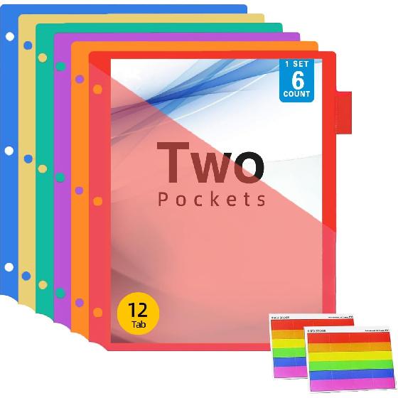 Binder Dividers with Pockets,Plastic 6 Tab 2 Set,Dividers with Angled Cut Pocket, Multi-Colored Tabs for 3-Ring Binder, A4 Letter Size, Durable