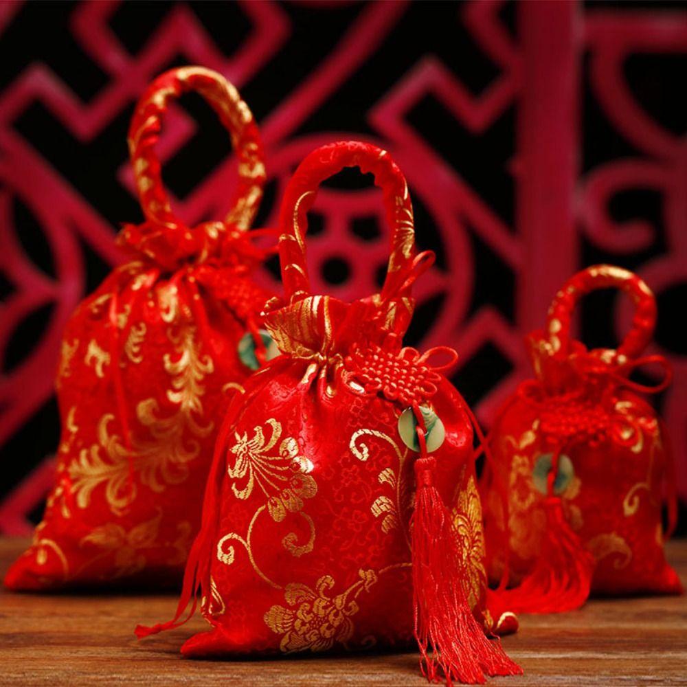 Chinese Style Canvas Flower Drawstring Bag Large Capacity Festive Sugar Bag New Year