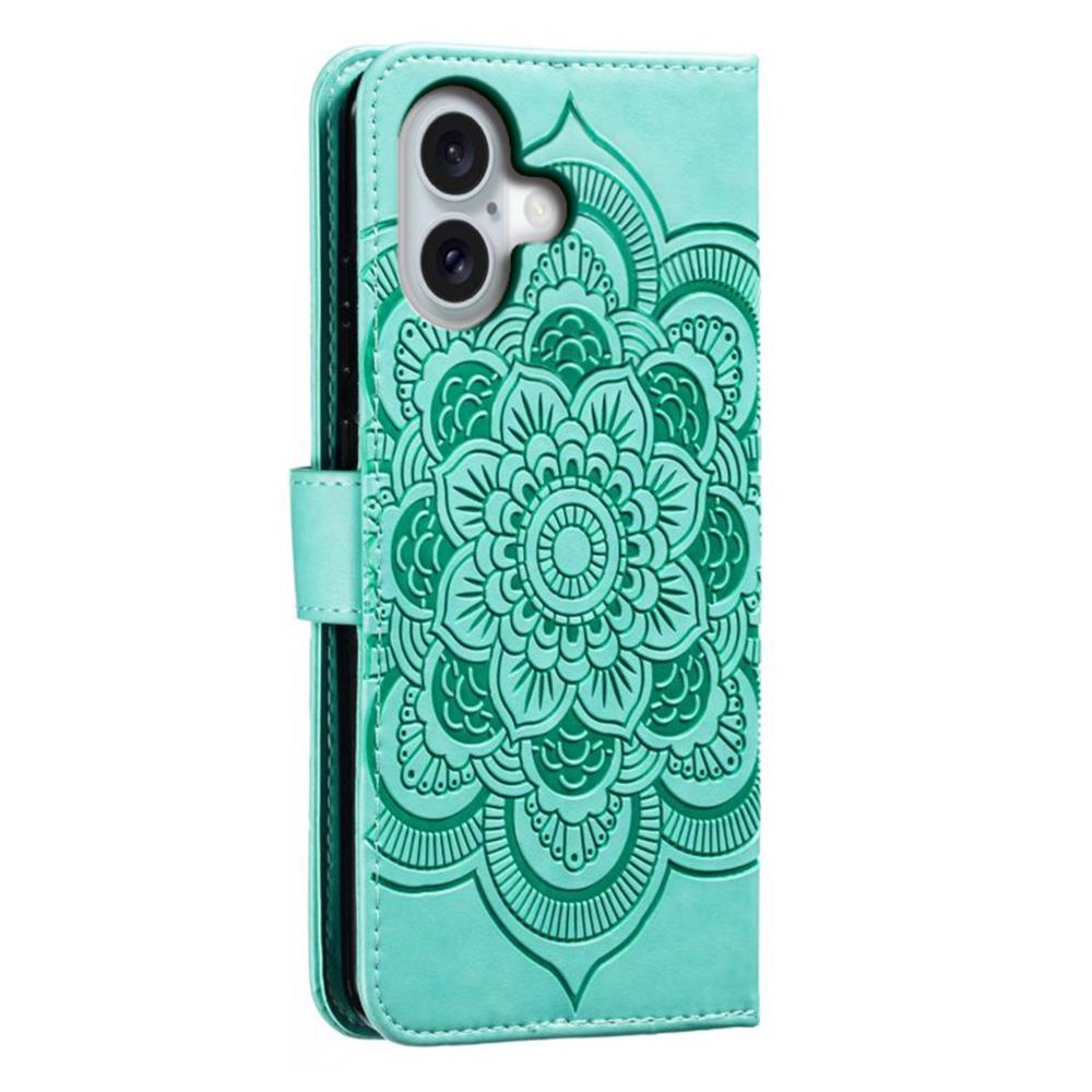 For iPhone 16 Case PU Leather Mandala Imprinted Design Wallet Phone Cover - Green
