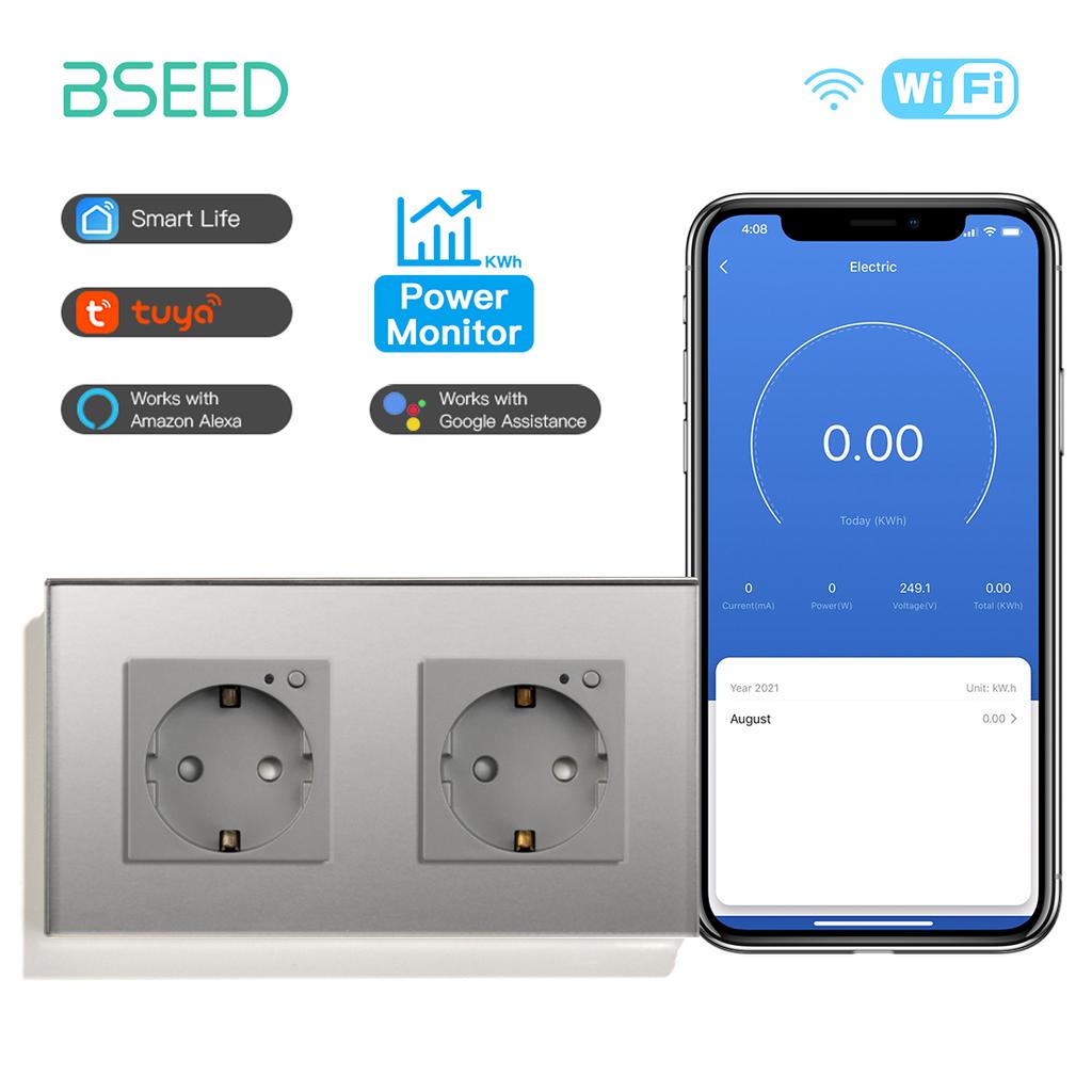 BSEED Wifi Sockets EU Wall Socket Smart Tuya Electric Sockets Power Monitor Google Smart Life Alexa Voice Control Glass Panel