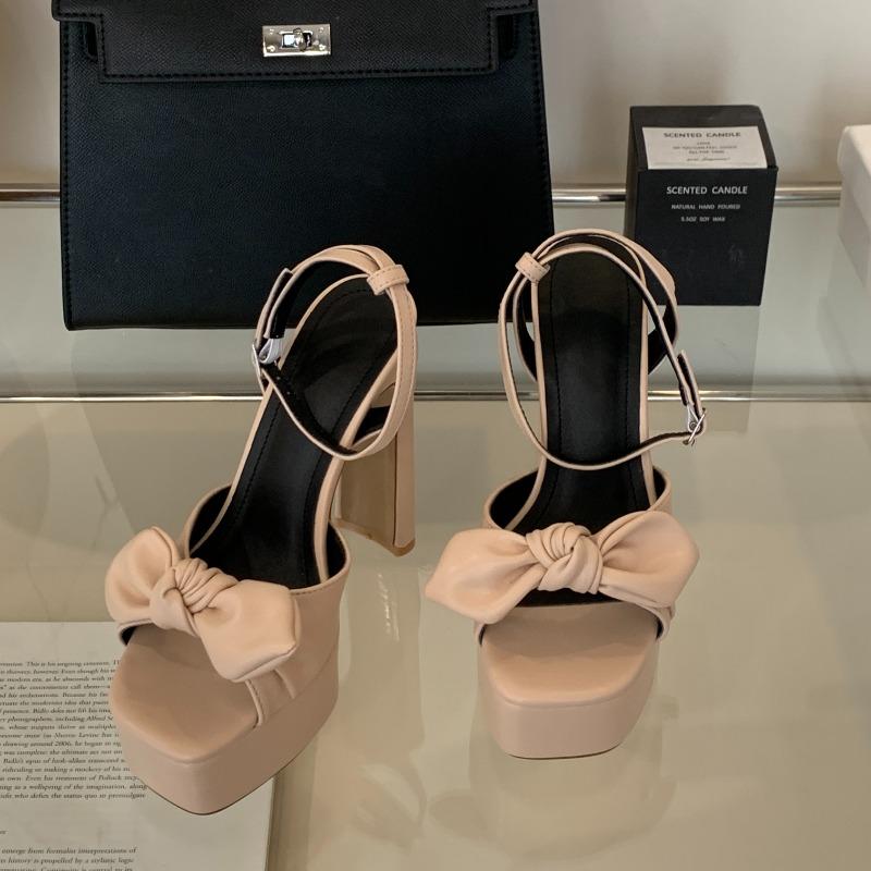 Новые босоножки с бантом, квадратным носком и толстым высоким каблуком для женщин, сандалии на платформе, женская обувь